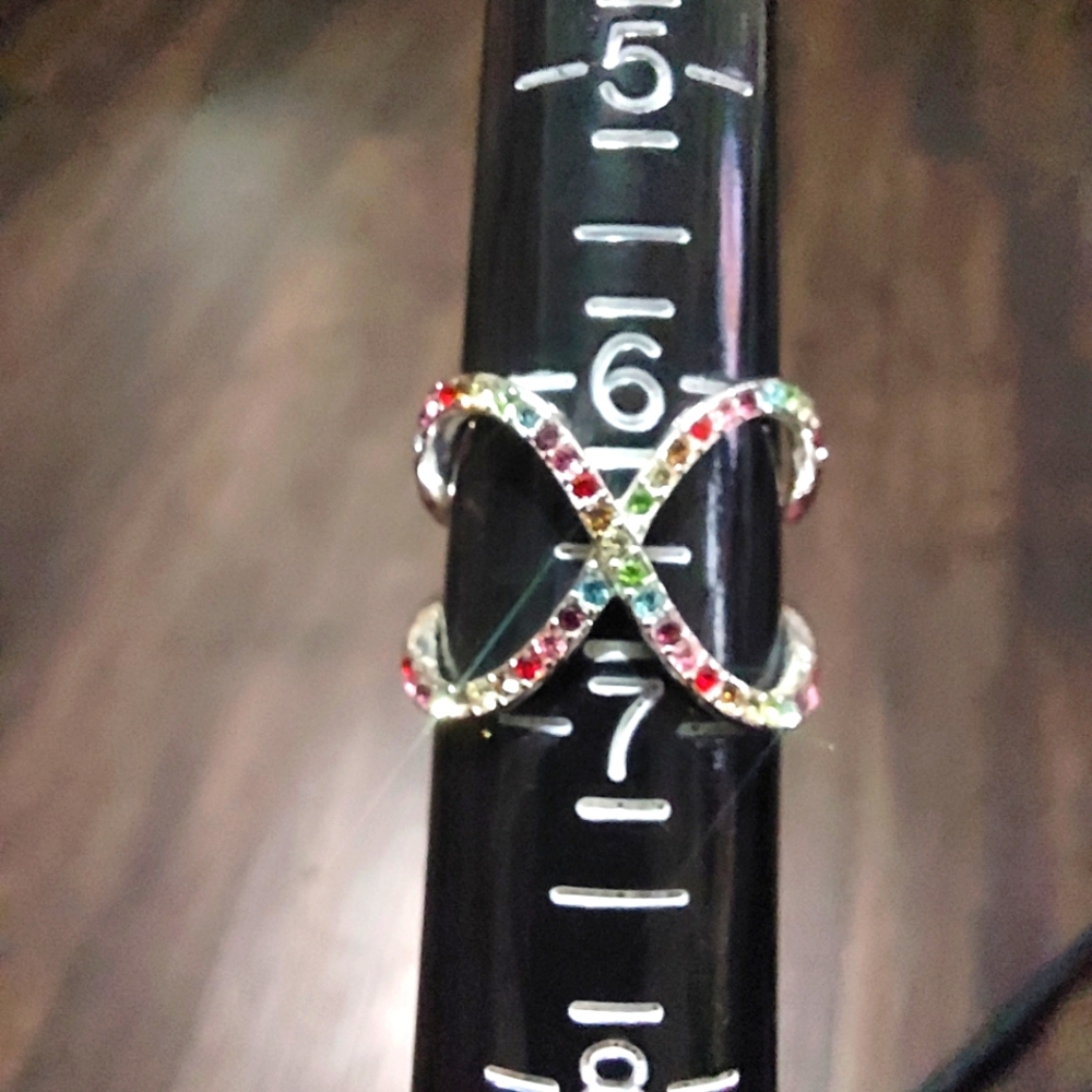 Silver double loop ring multicolor stones, size 6.5